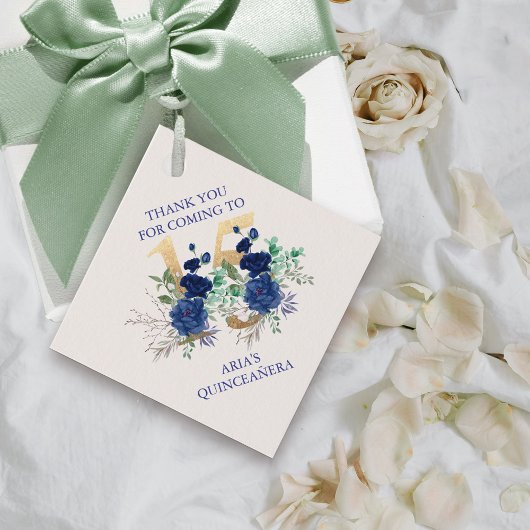 Bloemen nummer 15 Ivoor Royal Blue Gold Quinceaner Bedankjes Labels