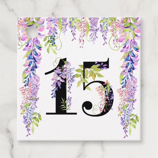 Bloemen nummer 15 Paarse Wisteria Quinceanera Bedankjes Labels (Voorkant)