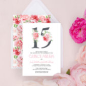 Bloemen nummer 15 Roze Elegant Modern Quinceañera Kaart