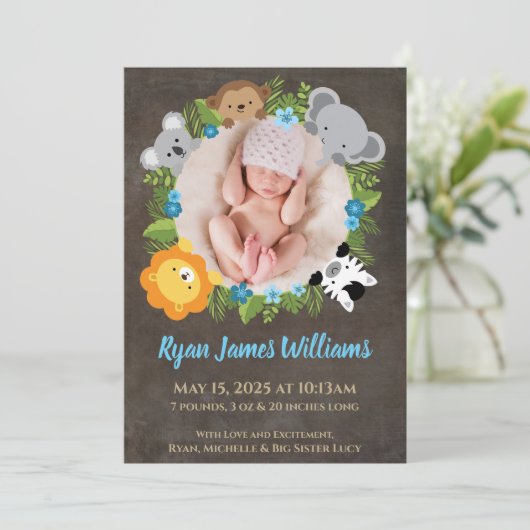 Bloemen Oerwoud Safari Krans Baby Boy Aankondiging (Staand voorkant)