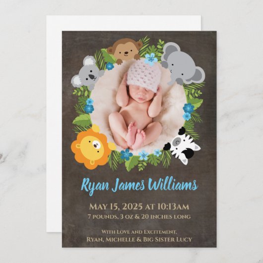 Bloemen Oerwoud Safari Krans Baby Boy Aankondiging (Voorkant / Achterkant)