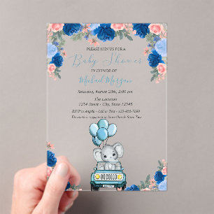 Bloemen, Olifant Car Baby Shower Acryl Uitnodigingen
