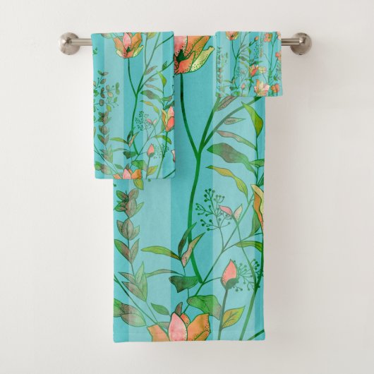 Bloemen op Aqua Blue Striped Background Bad Handdoek (Insitu)