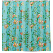 Bloemen op Aqua Blue Striped Background Douchegordijn (Voorkant)