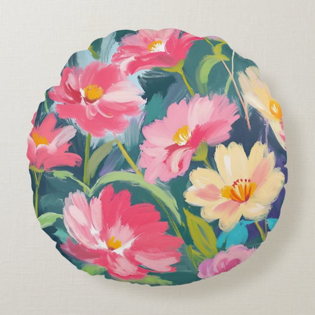 Bloemen op blauw rond kussen (Voorkant)