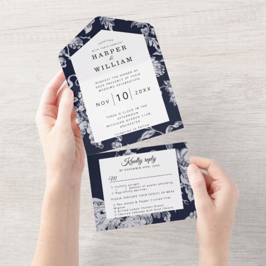  bloemen op de marineblauwe bruiloft all in one uitnodiging (Afscheurbaar)