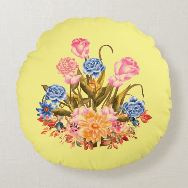bloemen op een gele achtergrond rond kussen (Voorkant)