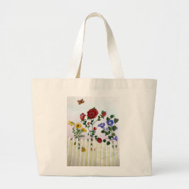 Bloemen op een Houten Hek Waterverfschildering Grote Tote Bag