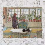 Bloemen op het ramen door Carl Larsson Legpuzzel<br><div class="desc">Bloemen op het ramen (1894) door Carl Larsson is een Victoriaans Era Zweeds schilderij met een mooi kunstportret. Een jong meisje besproeit gepotte tuinbloemen. De planten liggen op het raam in de woonkamer van haar huis. Een raam in het huis is open en er zijn breinaalden en garen op tafel....</div>