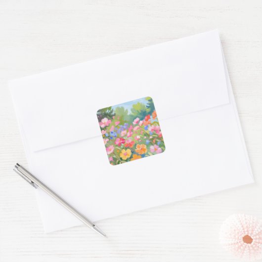 Bloemen op het veld vierkante sticker (Envelop)