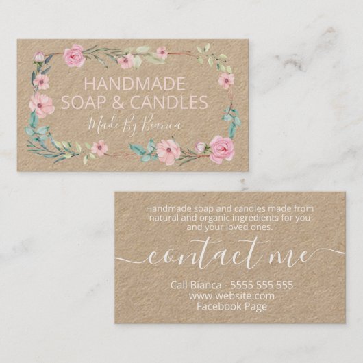 Bloemen op krafthandgemaakte zeep en kaarsen visitekaartje (Voorkant / Achterkant)