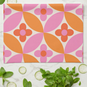 Bloemen op mid century roze oranje cirkels theedoek