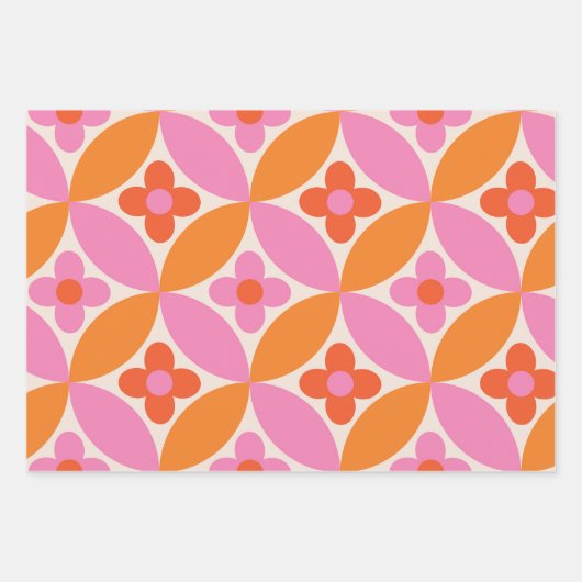 Bloemen op Mid Century Roze Sinaasappel Circles Inpakpapier Vel (Voorkant 3)