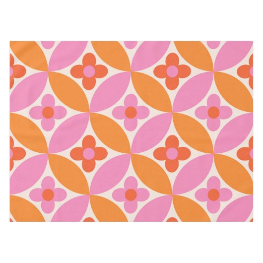 Bloemen op Mid Century Roze Sinaasappel Circles Tafelkleed (Voorkant (Horizontaal))