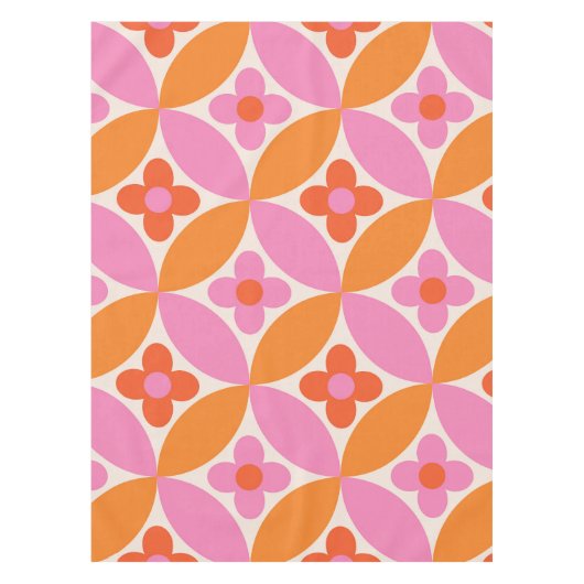 Bloemen op Mid Century Roze Sinaasappel Circles Tafelkleed (Voorkant)