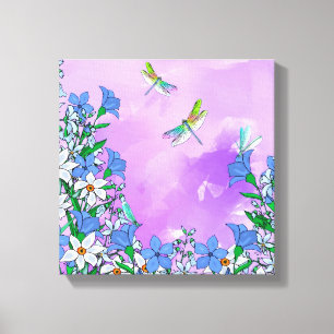 Bloemen op paars met libellen canvas afdruk
