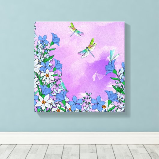 Bloemen op paars met libellen canvas afdruk (Insitu (Houten vloer))
