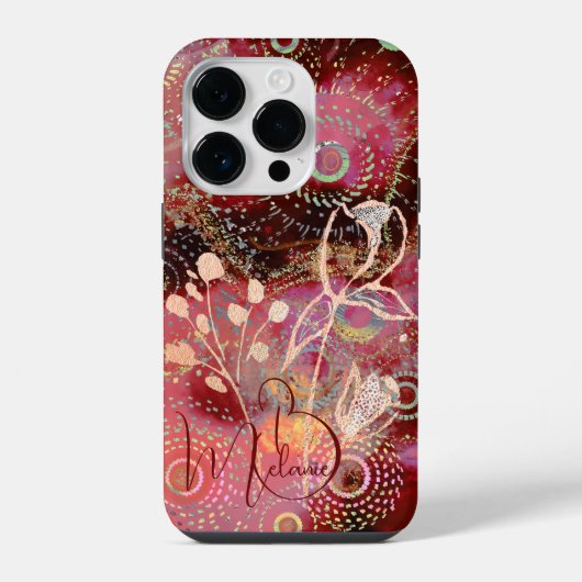 Bloemen op rood-gouden cirkels ontwerp iPhone hoesje (Achterkant)