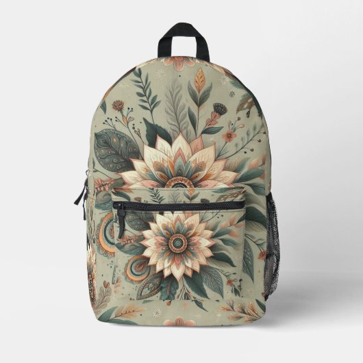 Bloemen op Sage Bedrukte Rugzak (Voorkant)