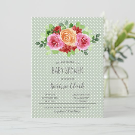 Bloemen op Sage Green Unisex Baby shower nodigt ui (Staand voorkant)
