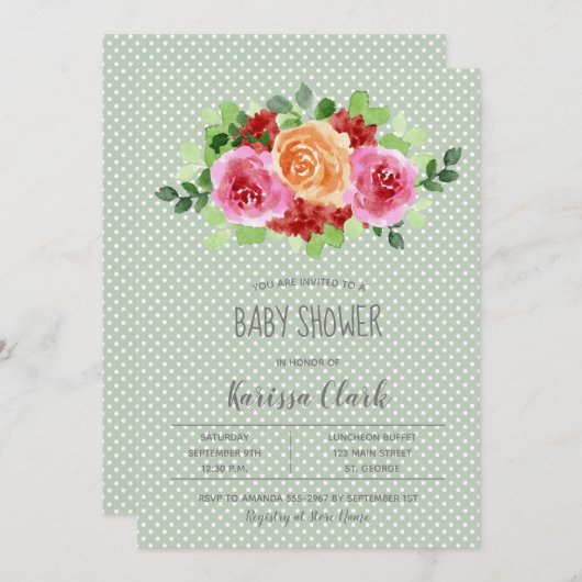 Bloemen op Sage Green Unisex Baby shower nodigt ui (Voorkant / Achterkant)