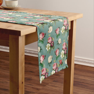 bloemen op Stone Blue, Retro Floral Print Korte Tafelloper