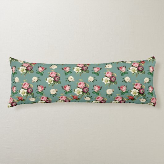  bloemen op Stone Blue, Retro Floral Print Lichaamskussen (Voorkant)