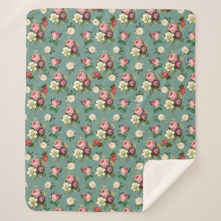 bloemen op Stone Blue, Retro Floral Print Sherpa Deken
