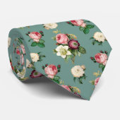  bloemen op Stone Blue, Retro Floral Print Stropdas (Opgerold)