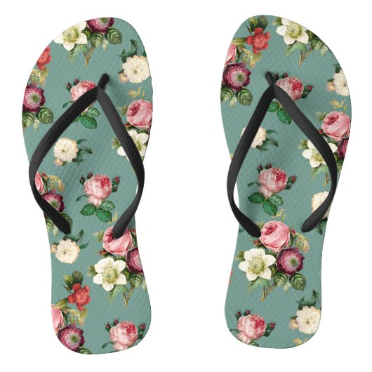  bloemen op Stone Blue, Retro Floral Print Teenslippers (Voetbed)