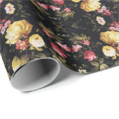 Bloemen op zwart patroon cadeaupapier (Rol Hoek)
