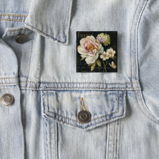 Bloemen op zwart vierkante button 5,1 cm (In situ)