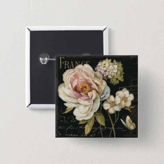 Bloemen op zwart vierkante button 5,1 cm (Voorkant /achterkant)
