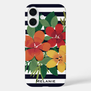 Bloemen op zwart-witte strepen gepersonaliseerd iPhone 16 hoesje
