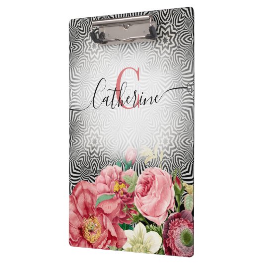 bloemen op zwarte witte naam en monogram klembord (Links)
