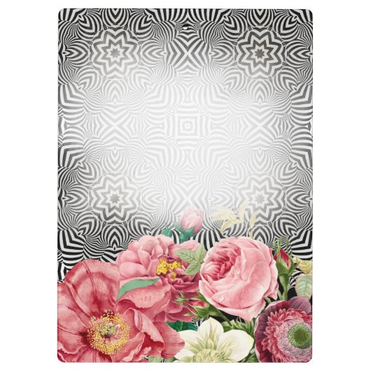 bloemen op zwarte witte naam en monogram klembord (Achterkant)