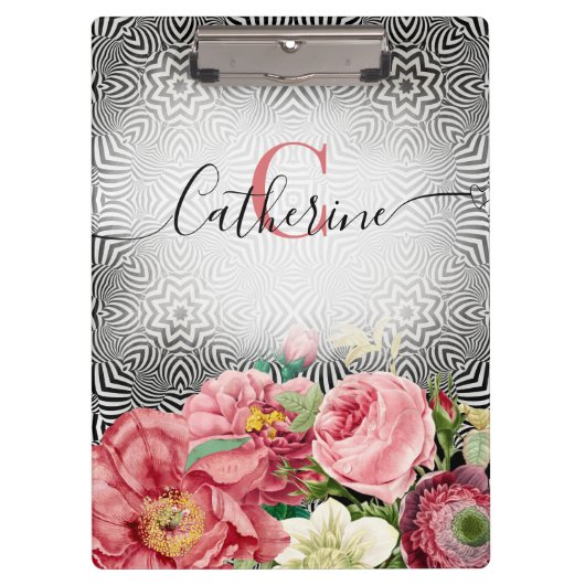  bloemen op zwarte witte naam en monogram klembord (Voorkant)