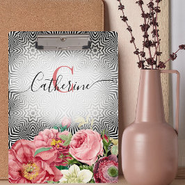  bloemen op zwarte witte naam en monogram klembord