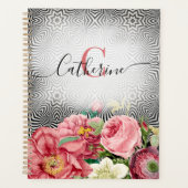  bloemen op zwarte witte naam en monogram planner (Voorkant)