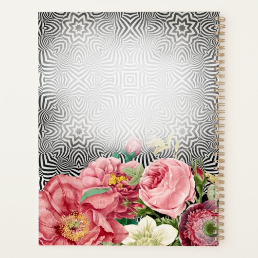  bloemen op zwarte witte naam en monogram planner (Achterkant)