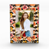 Bloemen op zwarte witte strepen Gold-Stippen - Aan Fotoblokken (Voorkant)