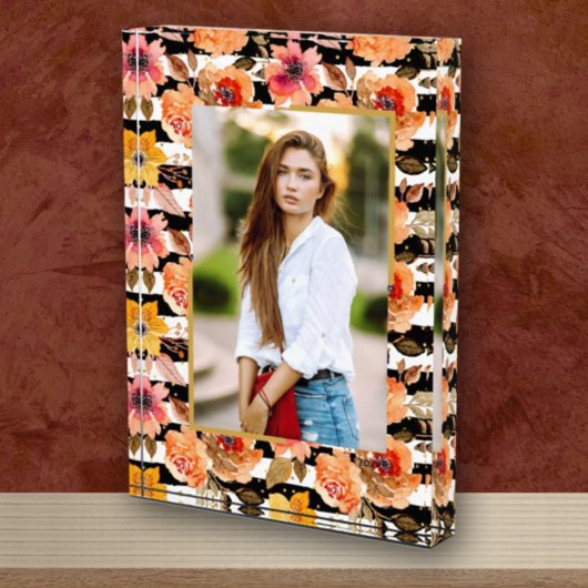 Bloemen op zwarte witte strepen Gold-Stippen - Aan Fotoblokken