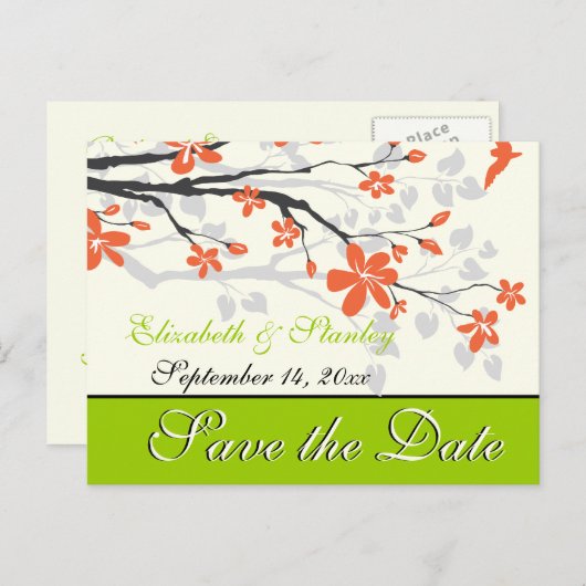 Bloemen oranje limoen groene bruiloft Save the Dat Aankondigingskaart (Voorkant / Achterkant)