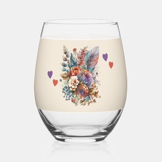 Bloemen oranje paarse vrouw jubileum cadeau wijnglas zonder voet (Achterkant)