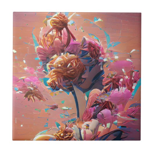 Bloemen oranje roze digitale kunst tegeltje (Voorkant)