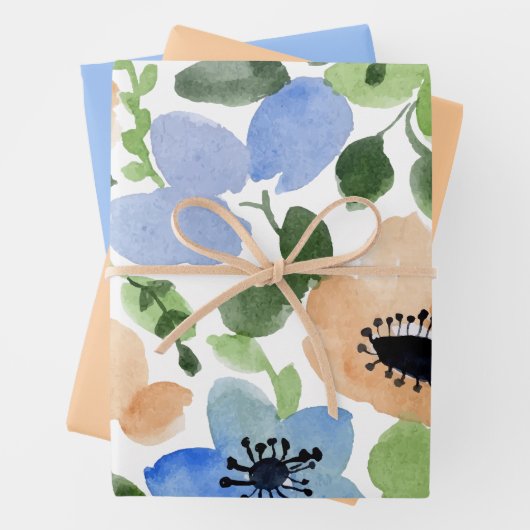 Bloemen over alles, peach, blauw, groene Waterverf Inpakpapier Vel (In situ)