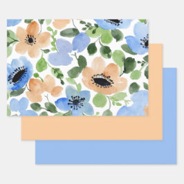 Bloemen over alles, peach, blauw, groene Waterverf Inpakpapier Vel