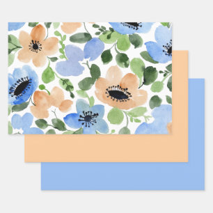 Bloemen over alles, peach, blauw, groene Waterverf Inpakpapier Vel