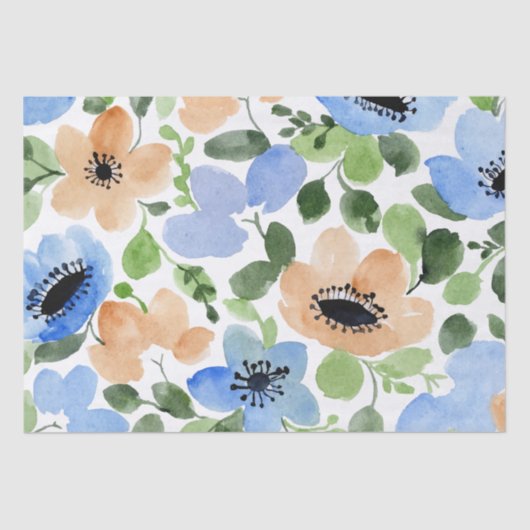 Bloemen over alles, peach, blauw, groene Waterverf Tissuepapier (Voorkant)