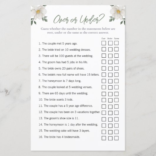 Bloemen "Over en Onder" Vrijgezellenfeest spel (Voorkant)